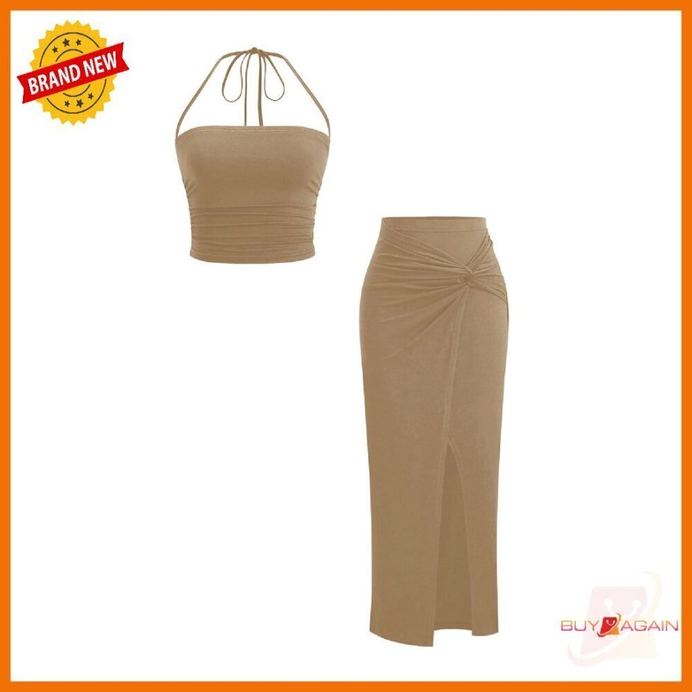Ruched Crop Halter Top with Slit Bodycon Long Skirt Set Y2K